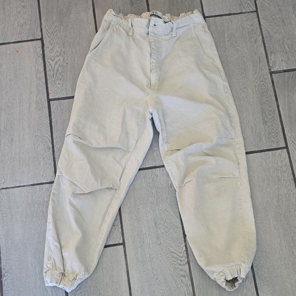 Zara Denimwear Cream Jogger‎ Pants Articulated Knee Elastic Waist Mens Medium